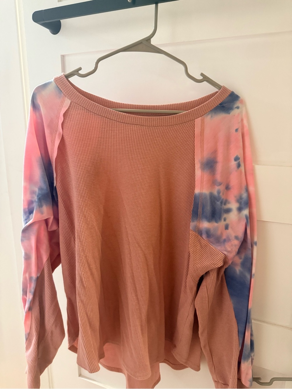 Umgee Rose Waffle Knit Top with Pink & Blue Tie-Dye Sleeves